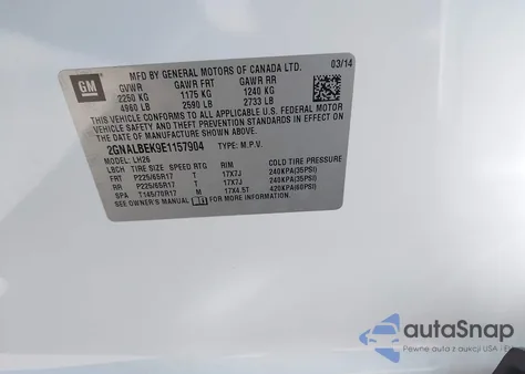 2014 Chevrolet Equinox 1Lt из США, поврежденный, VIN 2GNALBEK9E1157904